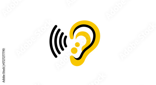 Vibrant yellow and black abstract ear icon with sound waves, symbolizing listening, hearing, and communication, perfect for audio branding and medical concepts.
