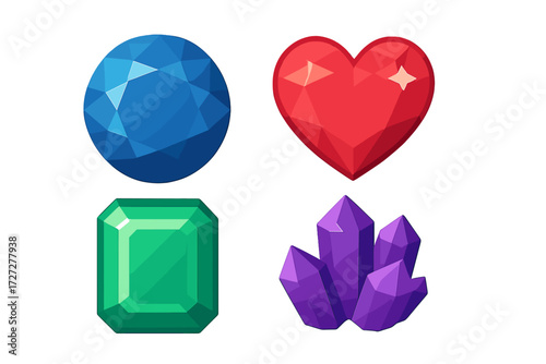 Colorful gemstones and crystals displayed in vibrant shapes and designs, highlighting their beauty and brilliance for decoration or games