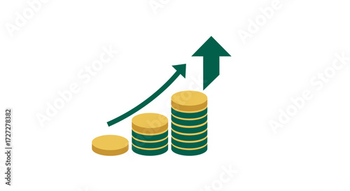 Visualize financial growth and success with rising stacks of golden coins and an upward trending arrow symbolizing prosperity and investment gains.
