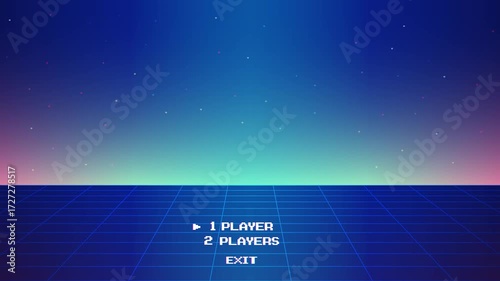 Start new game, play. Synthwave wireframe illustration, pixel art, 8-bit game, retro futuristic sci-fi background, glowing neon grid and stars.