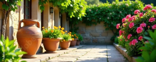 Antique Greek amphorae adorn a sunlit stone terrace, vibrant summer plants nearby , setting, summer, pottery