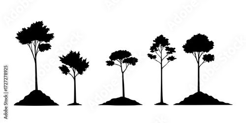 Young tree with on pile of soil isolated vector silhouette.
