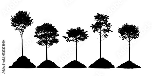 Young tree with on pile of soil isolated vector silhouette.
