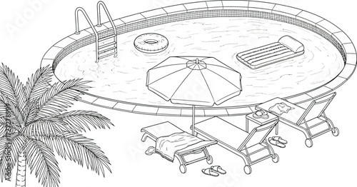 Poolside relaxation coloring page summer vacation resort oasis drawing art