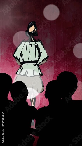 Animation of fashion drawing of model on catwalk at fashion show, on red background