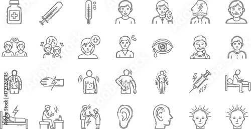 Understanding illness symptoms and medical treatment line icons vector set