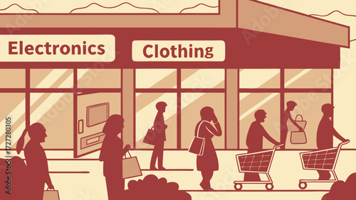 Illustration of Diverse Shoppers and Carts Outside a Retail Store with Electronics and Clothing Sections, Representing Consumerism and Retail Activity