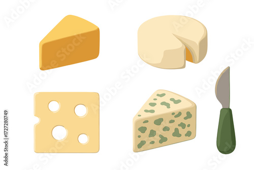 Variety of cheeses displayed on a white background with a cheese knife ready for cutting