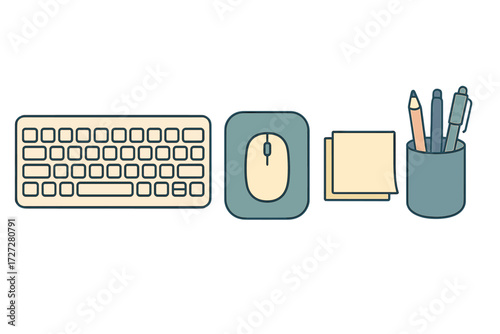 Office workspace setup with keyboard, mouse, sticky notes, and pens for productive work environment