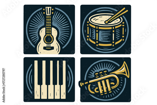 Illustration showing four musical instruments including guitar, drums, piano, and trumpet with bold designs