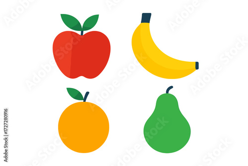 Colorful fruit illustration with apple, banana, orange, and pear in a simple design on white background