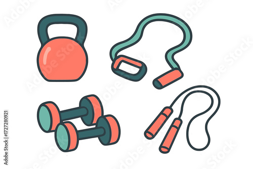 Colorful fitness equipment including kettlebell, resistance bands, dumbbells, and jump rope laid out on a light background