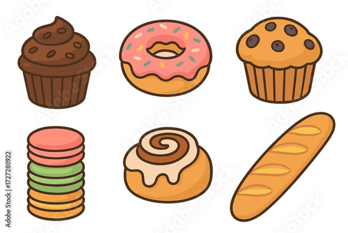 Delicious baked goods displayed in a playful arrangement with cupcakes, donuts, cookies, and bread