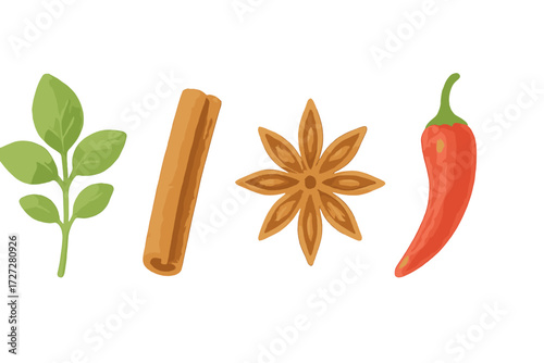 Spices and herbs displayed in a simple arrangement on a white background