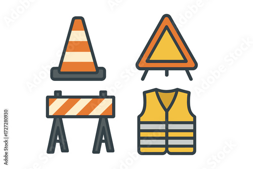 Traffic safety gear and signs displayed at a construction site during the day for improved roadway management