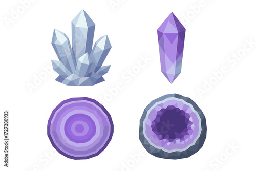 Beautiful collection of purple crystals and geodes in 3D design showcasing unique shapes and textures