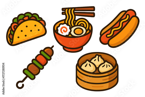 Delicious assortment of global street food including tacos, ramen, hot dogs, kebabs, and dumplings