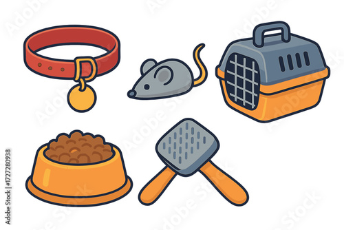 Collection of pet supplies including a collar, a toy mouse, a carrier, food bowl, and litter scoop for animal care and playtime