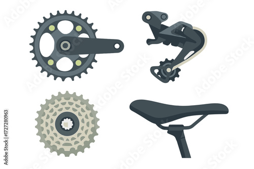 Bicycle components including crankset, derailleur, cassette, and saddle on a white background