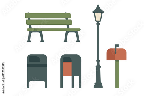 Colorful park elements including a bench, lamppost, and mailboxes situated in an urban environment during the day