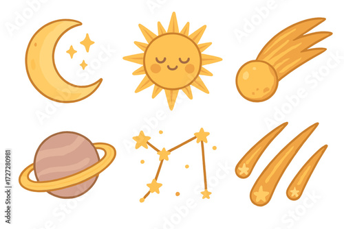 Celestial symbols featuring moon, sun, comet, planet, and stars capturing the magic of the night sky