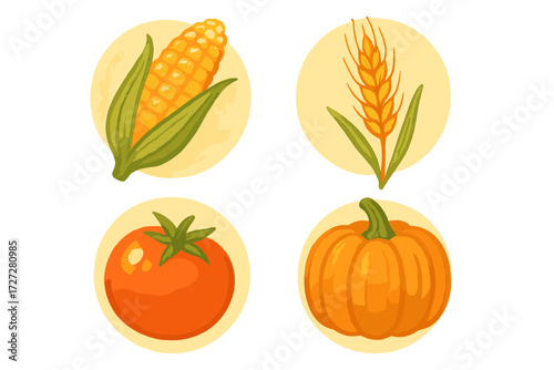 Colorful illustrations of corn, wheat, tomato, and pumpkin on a light background showing farm produce