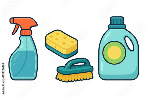 Cleaning supplies for household chores including spray bottle, sponge, and dish soap