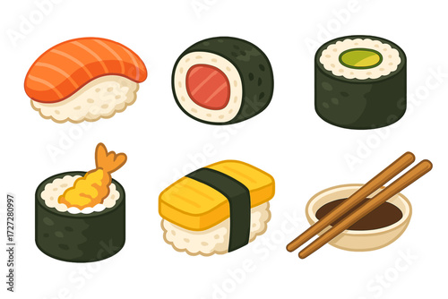 Various types of sushi displayed on a simple background with chopsticks and soy sauce