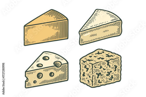 Different types of cheese displayed on a white background showcasing variety in texture and color
