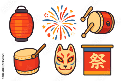 Colorful symbols of a traditional festival featuring lanterns, drums, fireworks, and a fox mask