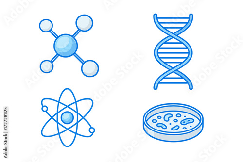 Various science symbols including a molecule, DNA strand, atom, and petri dish representing biotechnology and research in a simple design