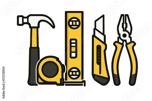 Tool collection for home improvement projects featuring hammer, level, utility knife, tape measure, and pliers