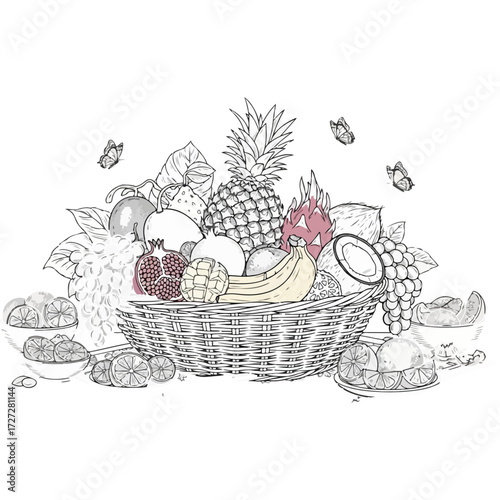 A detailed line art illustration for a coloring book showing a bountiful woven basket overflowing with a variety of tropical fruits like pineapple, banana, coconut, grapes, dragon fruit, and apples, w