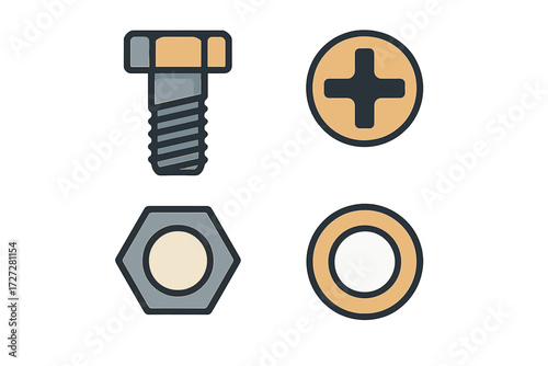 Different types of mechanical fasteners in a simple design with a bolt, nut, washer, and screw head
