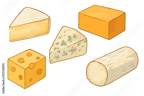 Variety of cheese types displayed against a white background showcasing textures and shapes
