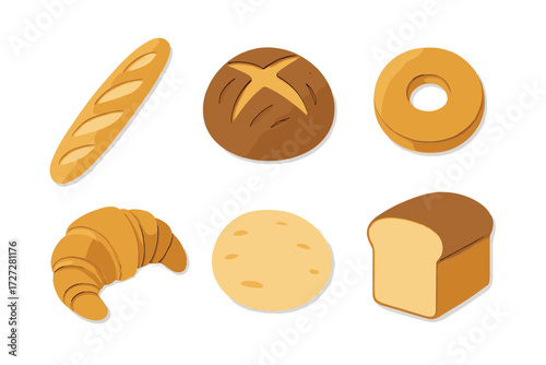 Baked goods collection on a simple background featuring different types of bread and pastries