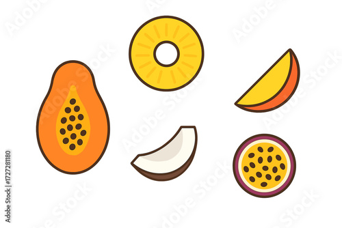 Colorful tropical fruits on a plain background showcase freshness and variety