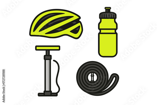 Cyclist gear essentials including a helmet, water bottle, pump, and tire tube for outdoor biking adventures