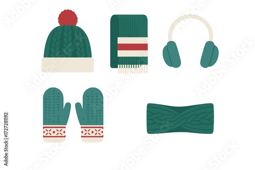 Warm winter accessories in green and red for cold weather fashion