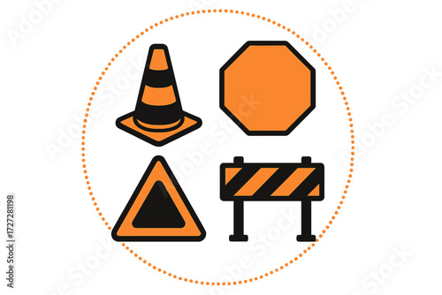 Traffic safety symbols including cones, stop signs, and barriers used in road construction