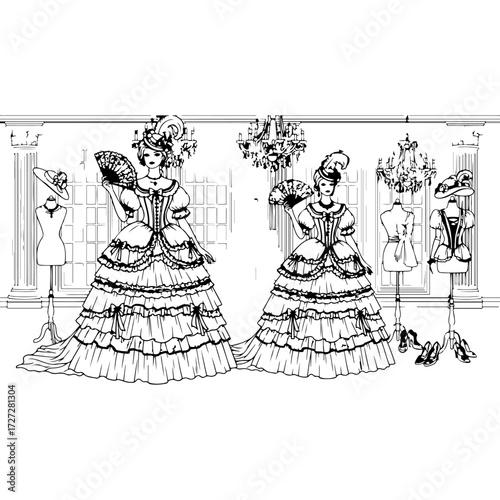 A detailed line art coloring page depicting a woman wearing an elaborate and highly fashionable Victorian-era gown with a complex skirt design and various period-specific accessories, emphasizing the 