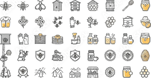 Honey bee products vector icons set beekeeping and apiculture outline design