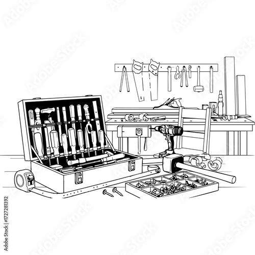 Detailed line art drawing for a coloring book showing a professional or industrial kitchen setup, complete with a large commercial stove, exhaust hood, various cooking utensils, metal shelves, and a f