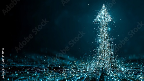 Digital Upward Arrow Made of Glowing Particles in Blue Technology Background
