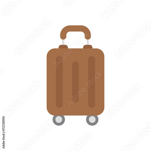 A brown suitcase stands upright featuring a retractable handle three vertical bars and two small wheels
