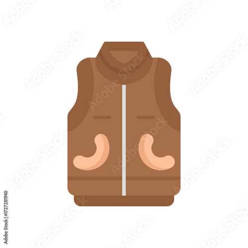 A brown vest with a collar a light gray zipper two pockets and a rectangular structure