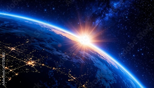 Sunrise View of Blue Planet Earth From Space with Stars