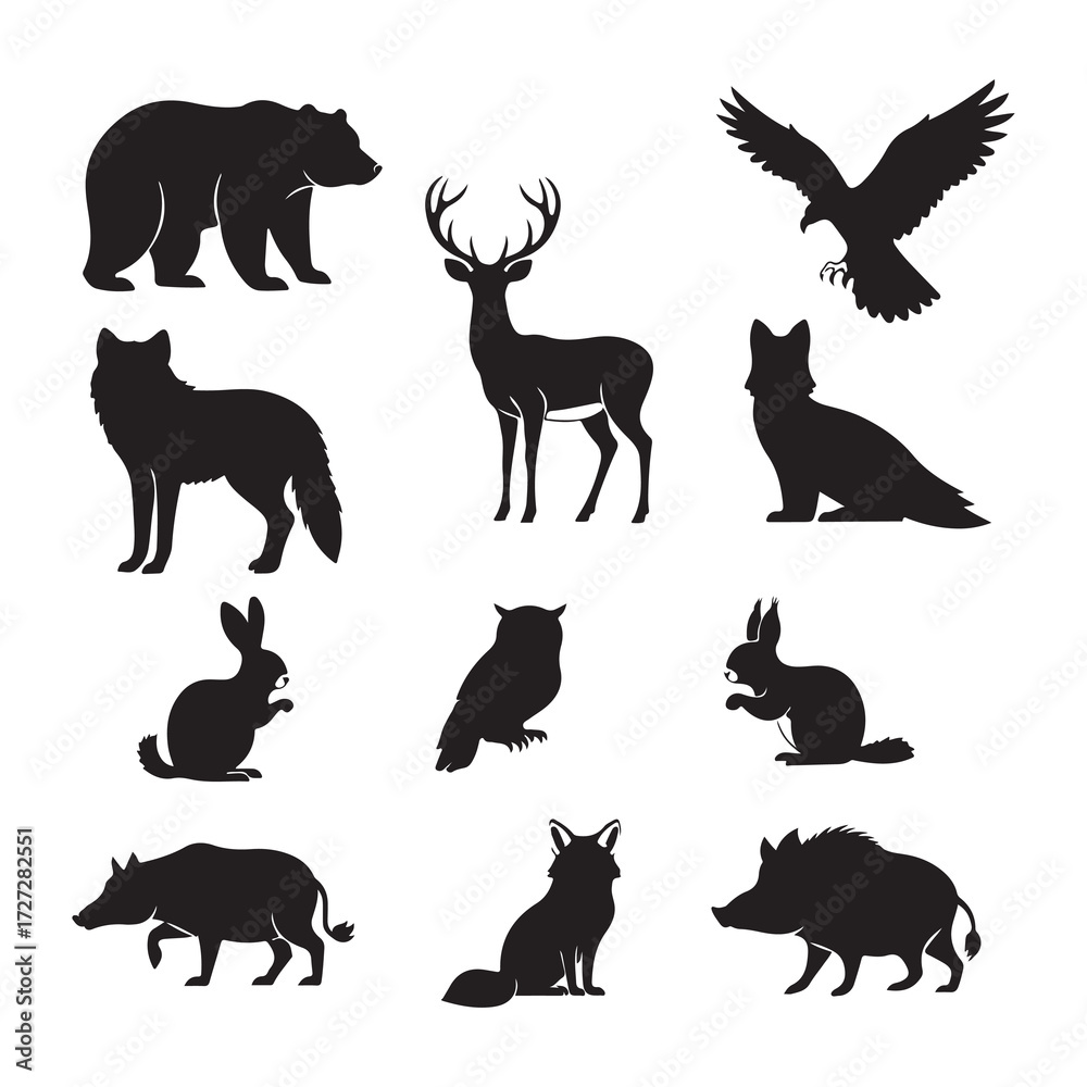 Obraz premium Vector art of various forest animal silhouettes