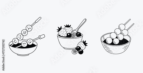 Hand drawn food illustrations with desserts and skewers bowls isolated vector