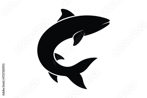 Black silhouette of a jumping salmon fish with closed mouth on white background leaping